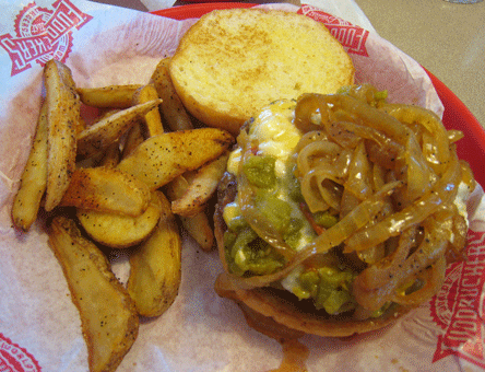 The Fudd 66 Burger (Green Chile) with blue cheese and grilled onions
