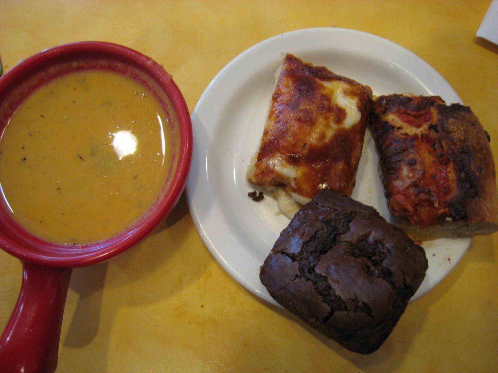 Yam bisque, chocolate muffin and focaccia
