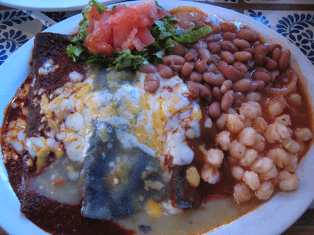 Los Colores (Three rolled blue corn enchiladas, one chicken with green chile, one beef with red chile, and one cheese with chile caribe. Served with beans and posole.