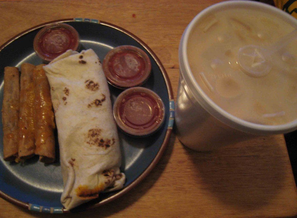 Burrito, taquitos and horchata
