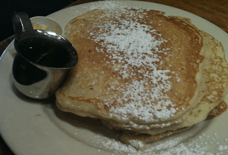 A short stack--three pancakes with REAL maple syrup