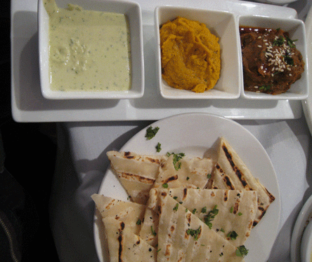 Tapas Trio: Hummus and Eggplant Purees with Mint-Feta Spread and Flatbread