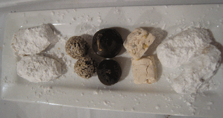 Bocaditos Especiales (Specialty platter with PX injected figs, cardamom-dat truffles, apricot-pistachio divinity nougat and pecan wedding cookies