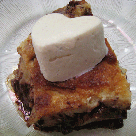 Barry's fabulous bread pudding with a scoop of heart-shaped vanilla ice cream