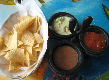 Three salsas and chips at Mariscos La Playa