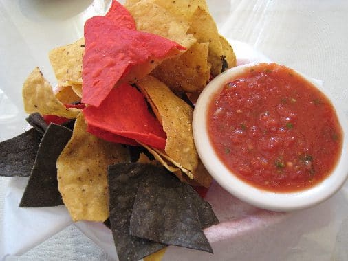 LandmarkGrill03 Red, yellow and blue corn chips with salsa