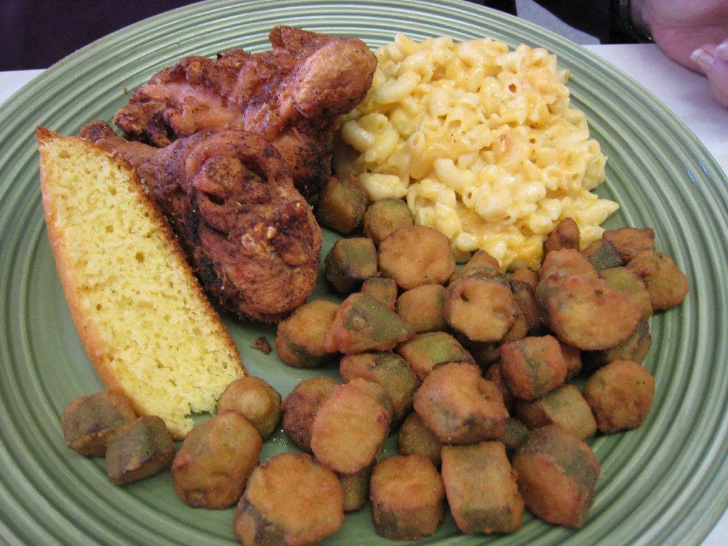 Fried Chicken with two sides: Okra and Mac & Cheese