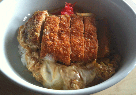 Katsu Donburi (Pork cutlet cooked in soy sauce with egg and onion)