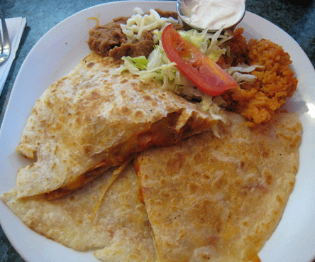 Carne Adovada Quesadilla with beans and rice
