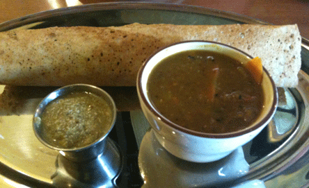Masala Dosa (Dosa filled with a spicy vegetable mixture. Served with Sambhar and coconut chutney)