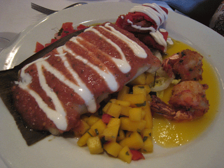 Sena Sampler green chile –pork tamale, tortilla crusted shrimp, asadero cheese – chicken flauta, mango salsa