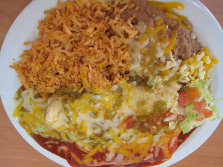 Carne Adovada Burrito with red chile and Chicharron Burrito with green chile