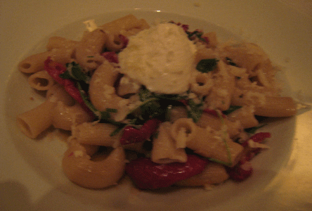 Fresh Rigatoni, Oven Roasted Tomatoes, Green Garlic, Arugula, Burrata Cheese
