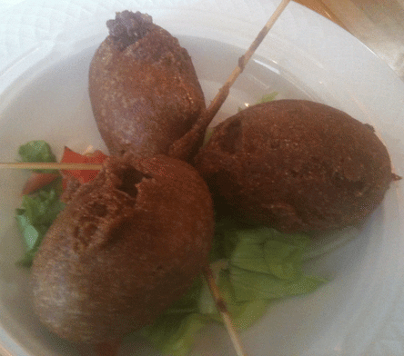 Bacon Wrapped Kobe Doggies plate of 3 minis - Kobe Dog wrapped in bacon and Corn Doggied.