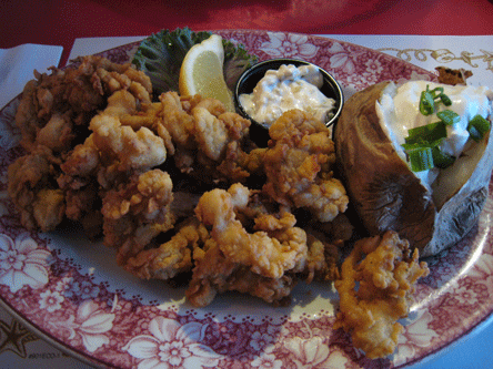 Fried Clams with a baked potato and tartar sauce