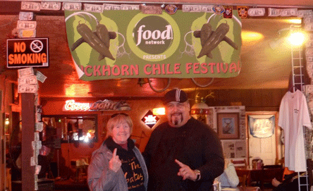 Los Angeles's best dog trainer Sandy Driscoll with New Mexico's best green chile cheeseburger chef Bobby Olguin