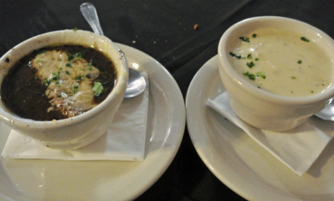 French Onion Soup and Cream of Potato and Ham Soup