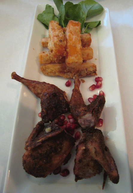Pomegranate Glazed Quail with Sweet Potato Fries