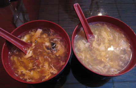 Hot and sour soup on the left and egg drop soup on the right