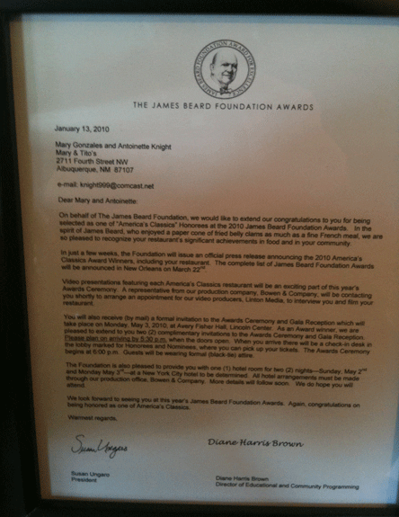 Letter from the James Beard Foundation Congratulation Mary & Tito's