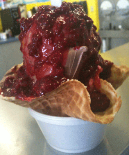 Chocolate and vanilla frozen custard on a waffle cone topped with raspberries
