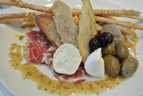 Antipasto Plate – house Burrata cheese, duck pate, cured meats, hummus, marinated olives, parmesan breadsticks, crostini