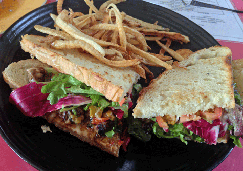 Grilled Sirloin and Green Chile Sandwich on Sage Bakehouse Bakery Bread with Shoestring Fries