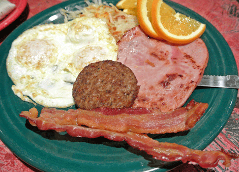 Breakfast Combo: Two buttermilk pancakes (pictured separately), two strips of bacon, one sausage patty, one slice of ham, hash browns and a tortilla (not pictured)