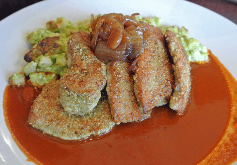 Pepita Crusted Pork Loin: Poblano Hominy, Manchamantel Sauce, Onion-Habanero Marmalade 