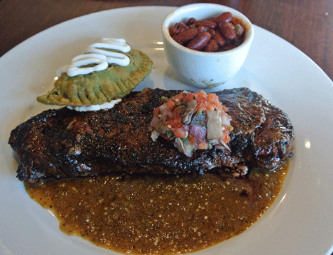 Aztec NY Steak: Ancho-Chocolate Rub, Mushroom Empanada, Blackened Tomatillo Sauce, Mushroom Salsa, Borracho Beans