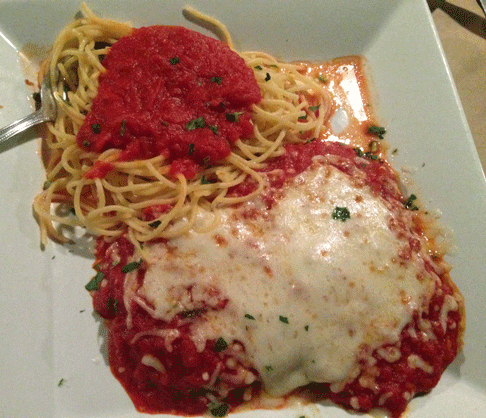 Eggplant: Lightly breaded eggplant stuffed w/ ricotta cheese, prosciutto & sauteed spinach, topped w/ marinara sauce & mozzarella cheese