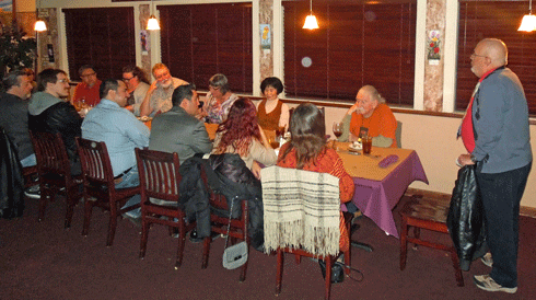 Our ebullient master of ceremonies Jim Millington enthralls the Friends of Gil with his sardonic wit